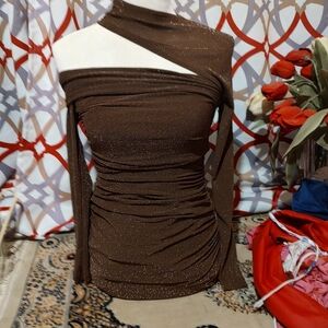 Brown Glitter Off-Shoulder Mini Dress